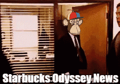a monkey wearing a hat is standing in front of a door with the words starbucks odyssey news written below it
