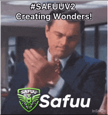 a man in a suit and tie is clapping his hands with the words # safuuv2 creating wonders