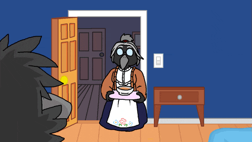 a cartoon drawing of a woman holding a cup of soup