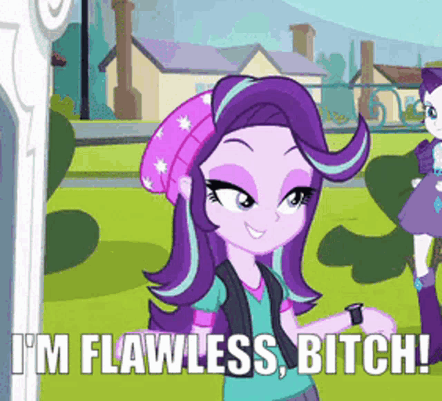 a cartoon girl with purple hair says i 'm flawless bitch ..