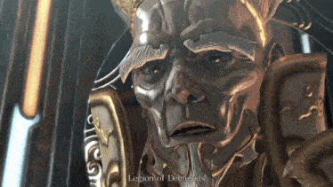 a close up of a statue with legion of demigods written on the bottom