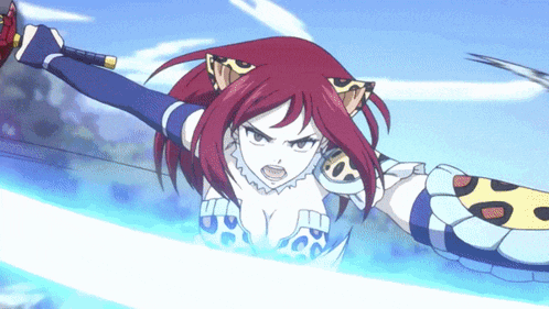 a girl with red hair is holding a sword in her right hand