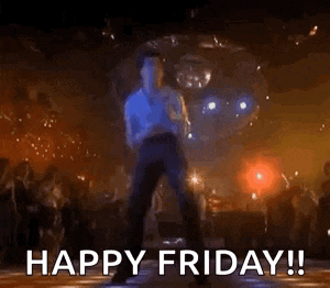 a man is dancing on a dance floor in a disco with the words `` happy friday '' .
