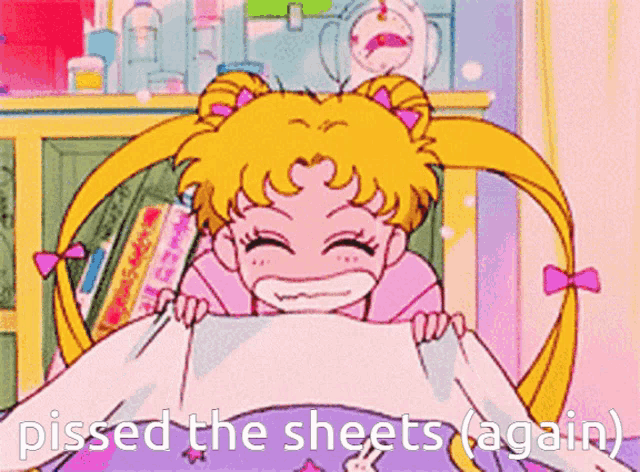 a cartoon of a girl holding a piece of paper with the words " pissed the sheets ( again ) " below her