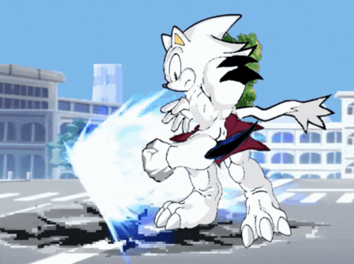 a cartoon drawing of a sonic the hedgehog standing in front of a city