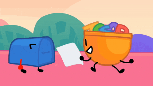 a blue mailbox is standing next to an orange bowl filled with letters