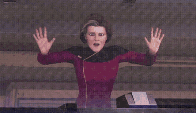 a computer generated image of a woman in a purple jacket