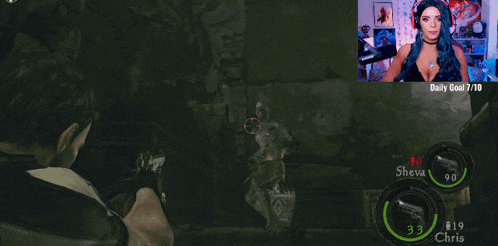 a woman with blue hair is playing a video game with a daily goal of 9/10