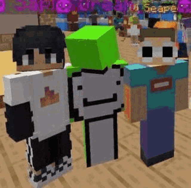 a group of minecraft characters are standing next to each other in a room .