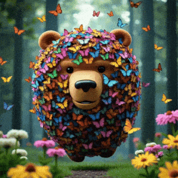a bear made of butterflies is surrounded by flowers and butterflies