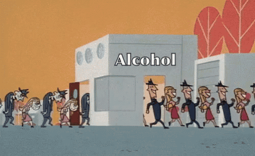 a group of people walking in front of an alcohol store