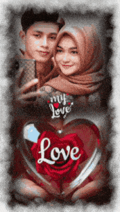 a man and woman taking a selfie with a heart that says love