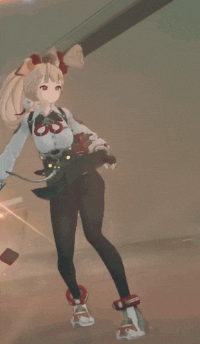 a girl in a green skirt is holding a gun with the letter d on it