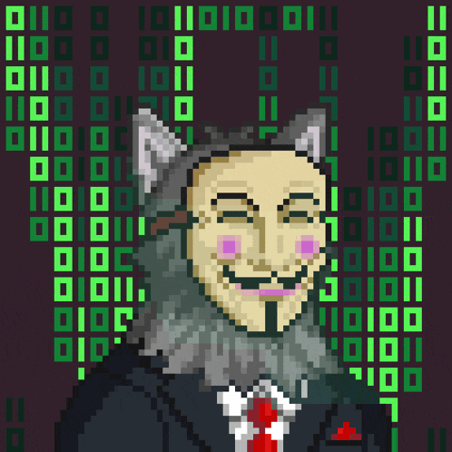 a pixel art of a man wearing a cat mask and a suit