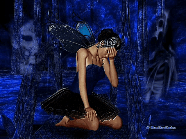 a fairy is kneeling down in a dark forest