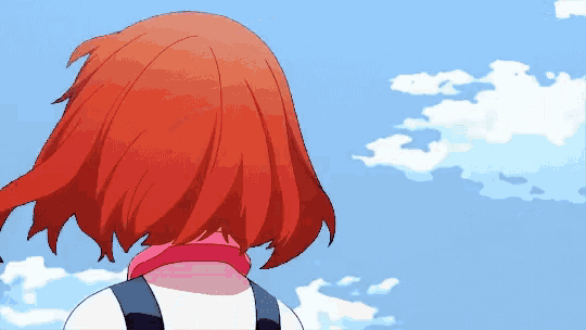 a girl with red hair is standing in front of a blue sky with white clouds
