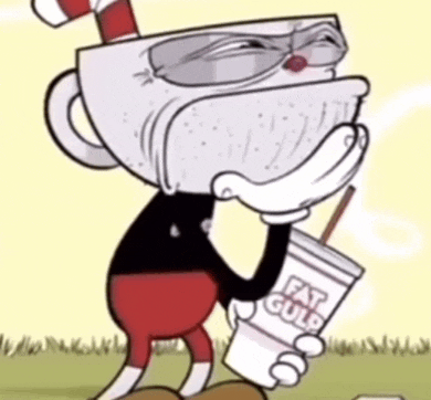 a cartoon character with a cup on his head holding a cup of fat gulp