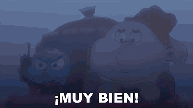 a cartoon character says muy bien in front of another character