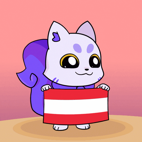 a cartoon cat is holding a red white and blue flag