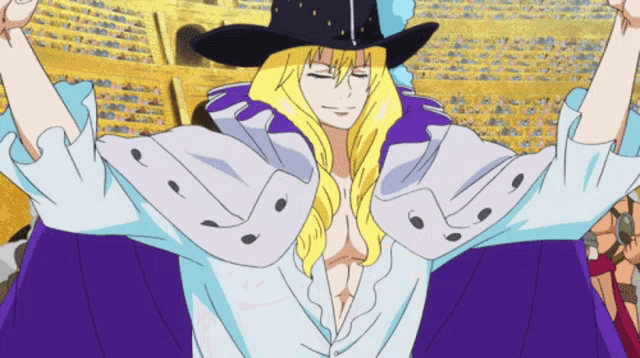 a cartoon character with blonde hair and a black hat is standing with his arms outstretched