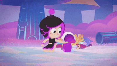 a cartoon girl with purple hair and a black dress is holding a purple object .