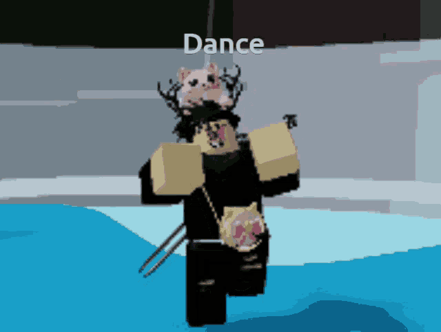 a cartoon character with the word dance on the bottom right