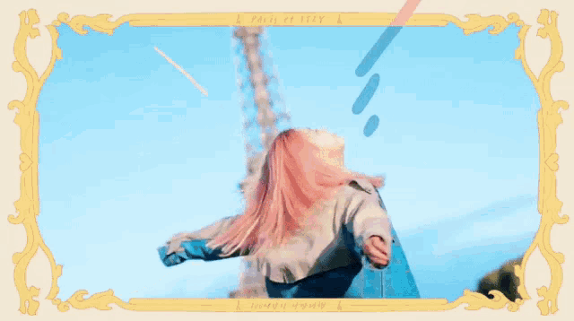 a woman with pink hair is standing in front of the eiffel tower in paris .