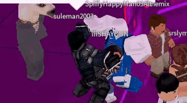 a group of people are playing a video game on a purple background with a dog .