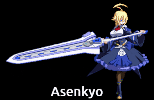 a pixel art of a girl holding a large sword with the name asenkyo written below her
