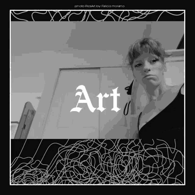 a black and white photo of a woman with the word art on the bottom