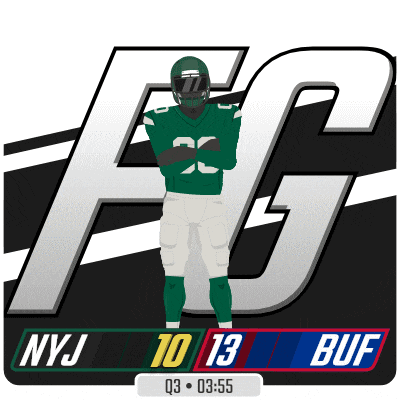 a football player stands in front of a scoreboard that says nyj 10 13 buf
