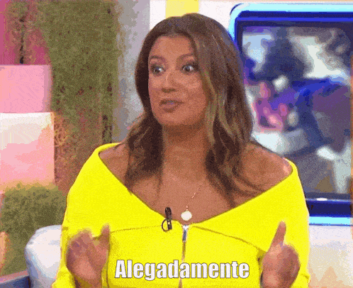 a woman in a yellow top says " llegadamente " in spanish