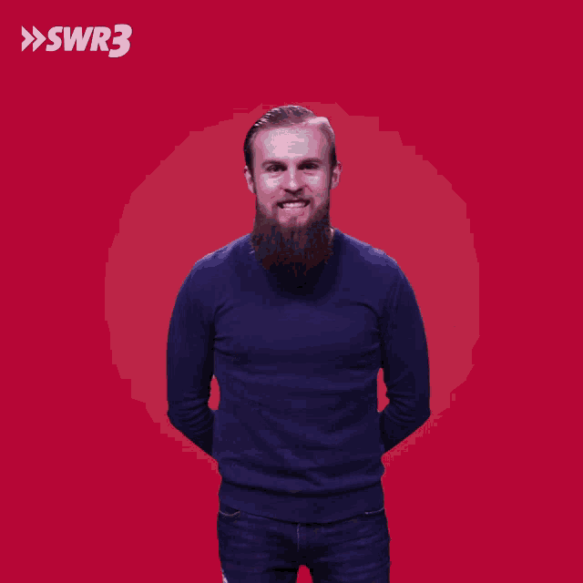 a man with a beard is smiling in front of a red background with the letters swr3 on it