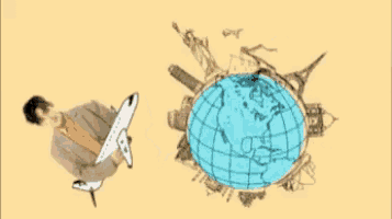 a man in a suit holding an airplane in front of a globe