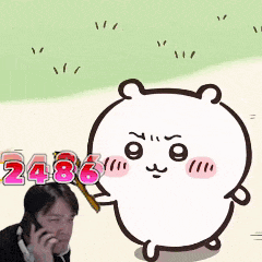a man talking on a cell phone next to a cartoon character with the number 2486