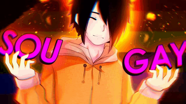a boy in a yellow hoodie is holding up the words " sou gay "