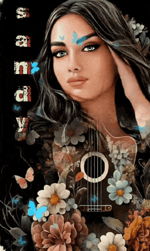 a painting of a woman holding a guitar with flowers and butterflies surrounding her