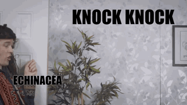 a man standing next to a plant with the words " knock knock " written on it