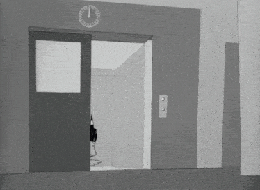 a black and white cartoon of a duck looking out of an elevator with a clock above it