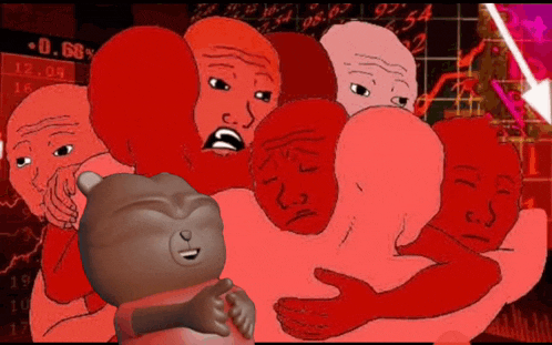 a cartoon of a group of people hugging each other with a bear in the middle .