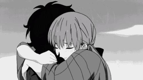 a black and white drawing of two anime characters hugging each other