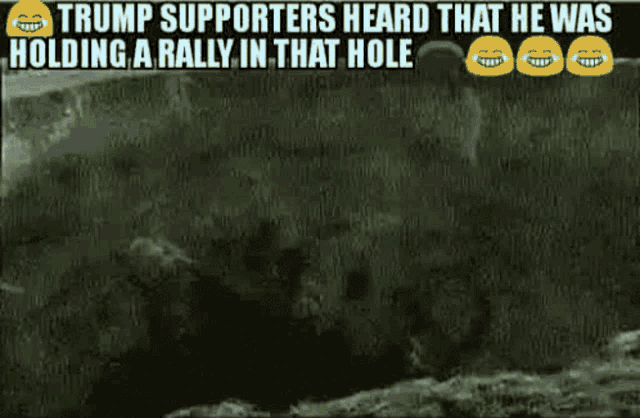 a large group of people are standing in a field holding a rally in a hole .