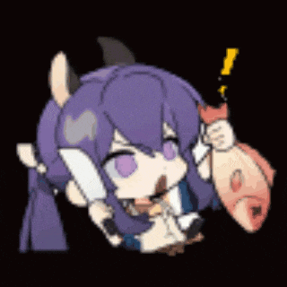 a cartoon girl with purple hair is holding a large fish .