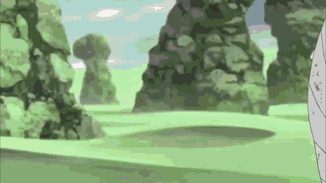 a cartoon of a person standing in a field with rocks in the background