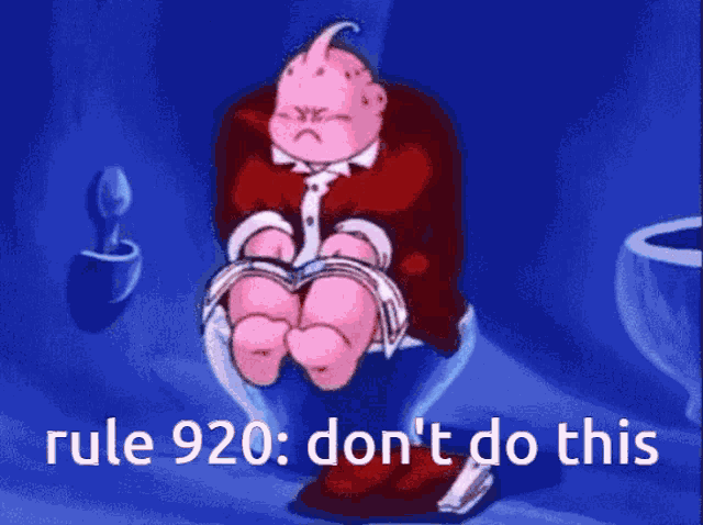a pink cartoon character with the words rule 920 do n't do this on the bottom