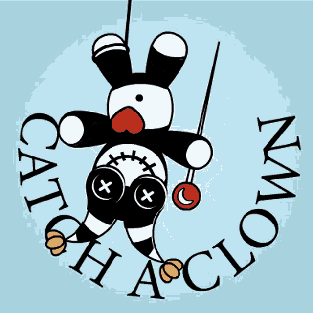 a cat clown logo with a black and white bunny on a swing