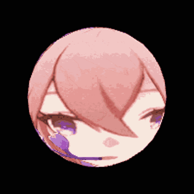 a girl with pink hair is in a purple circle with a black background