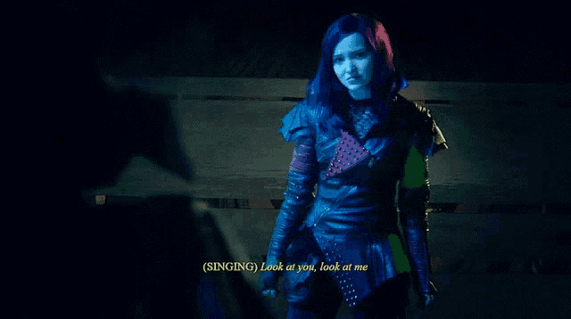 a woman with blue hair is singing a song