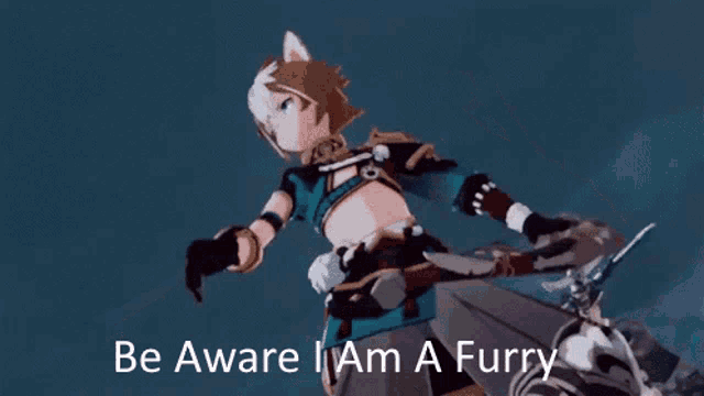 a cartoon character with a cat 's ear and the words be aware i am a furry