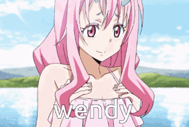 a pink haired anime girl with the name wendy written on her chest
